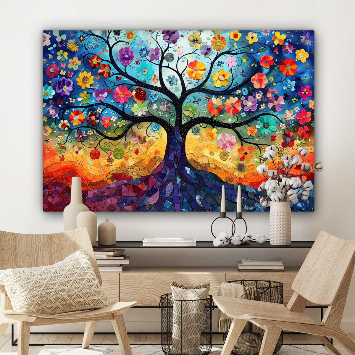 LEINWANDBILD Kunst - Baum des Lebens - Blumen - Hippie Groß 140x90 cm - Dunkelblau, Textil (140/90cm) - MuchoWow