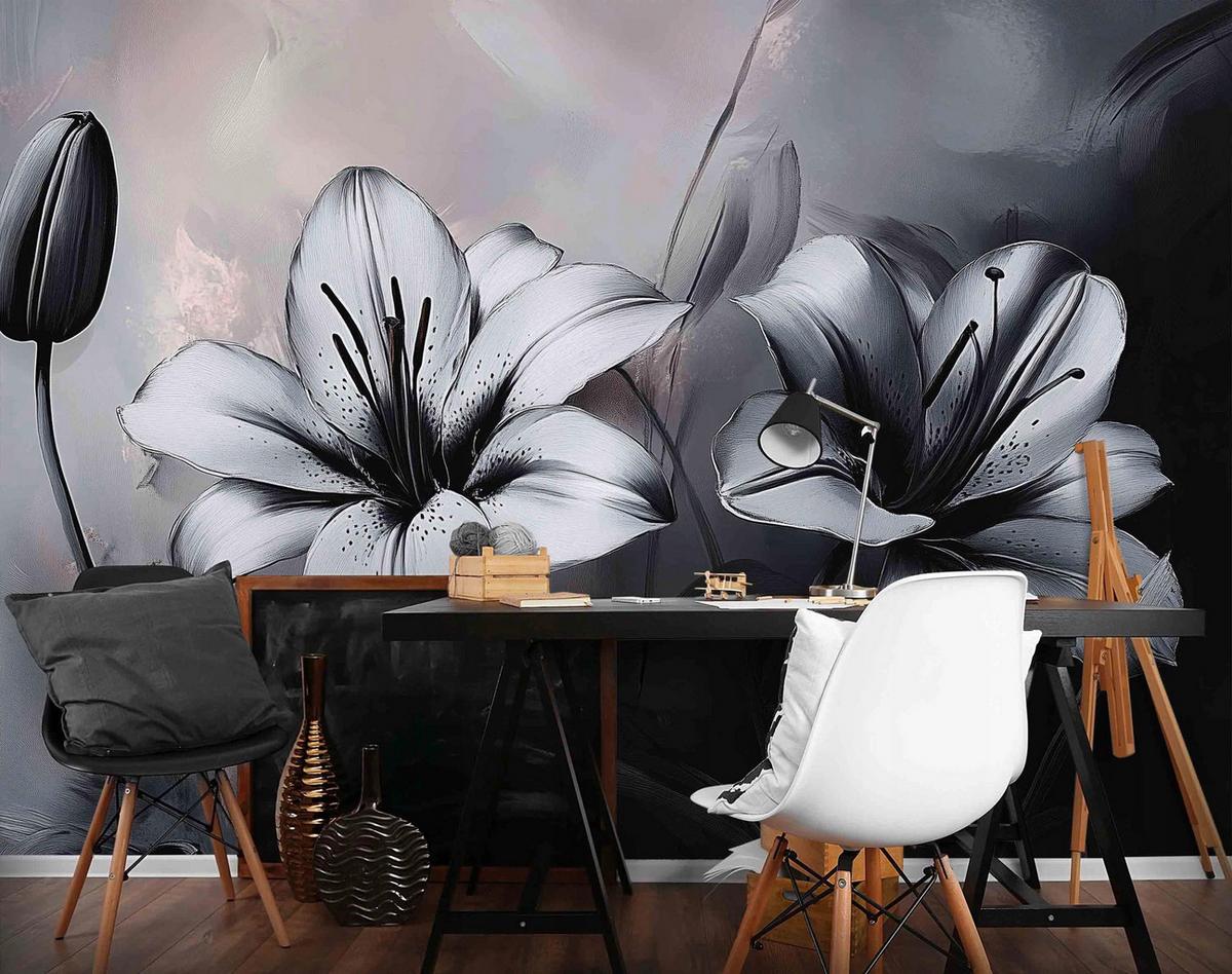 FOTOTAPETE 3D Effekt Blumen Schwarz Weiß 300x210 - Multicolor, Papier (300/210cm) - Wallarena