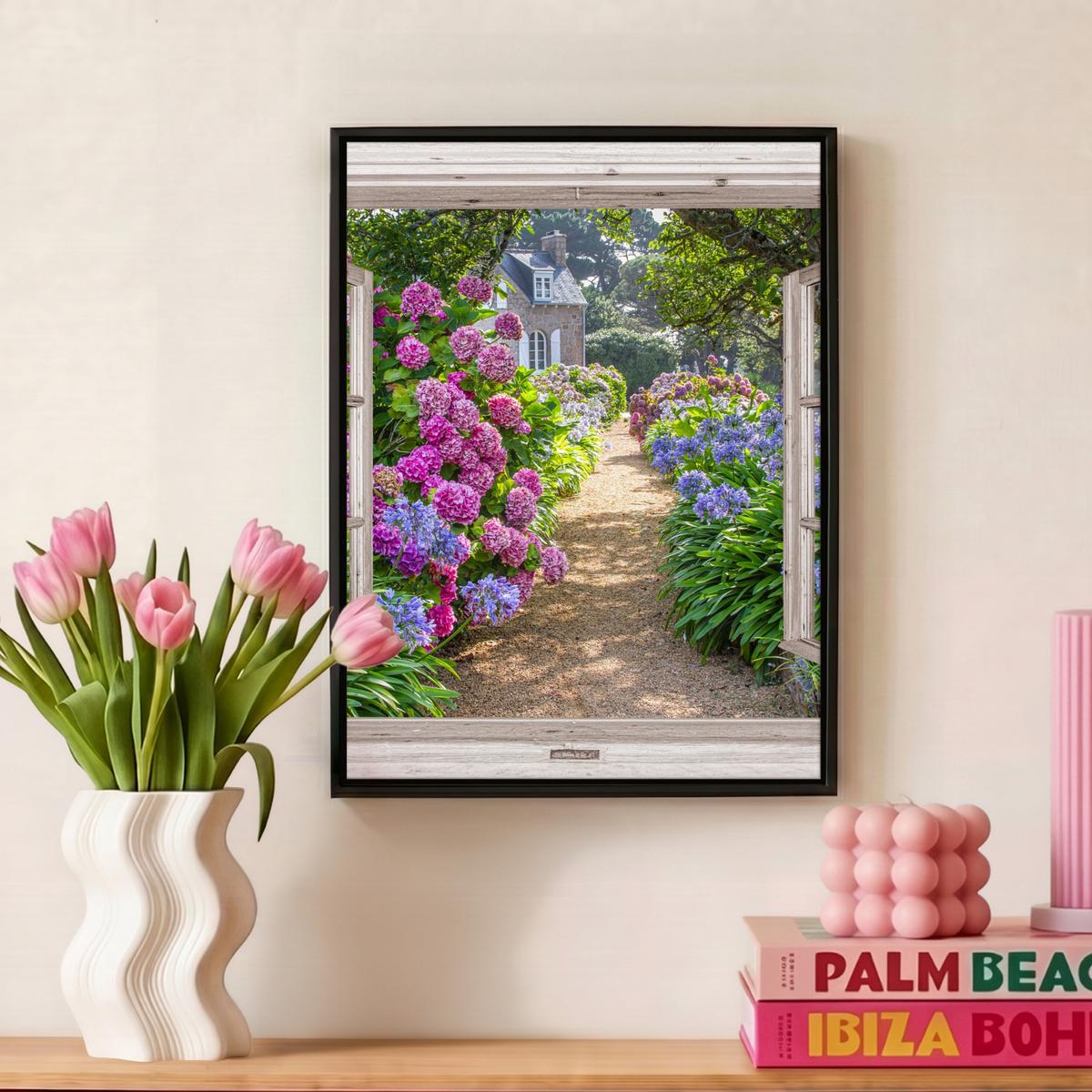 LEINWAND Bilder mit Rahmen - Hortensie - Durchsichtig - Blumen - Sommer - Lila - Weg - 30x40 - Lila, Textil (30/40cm) - MuchoWow