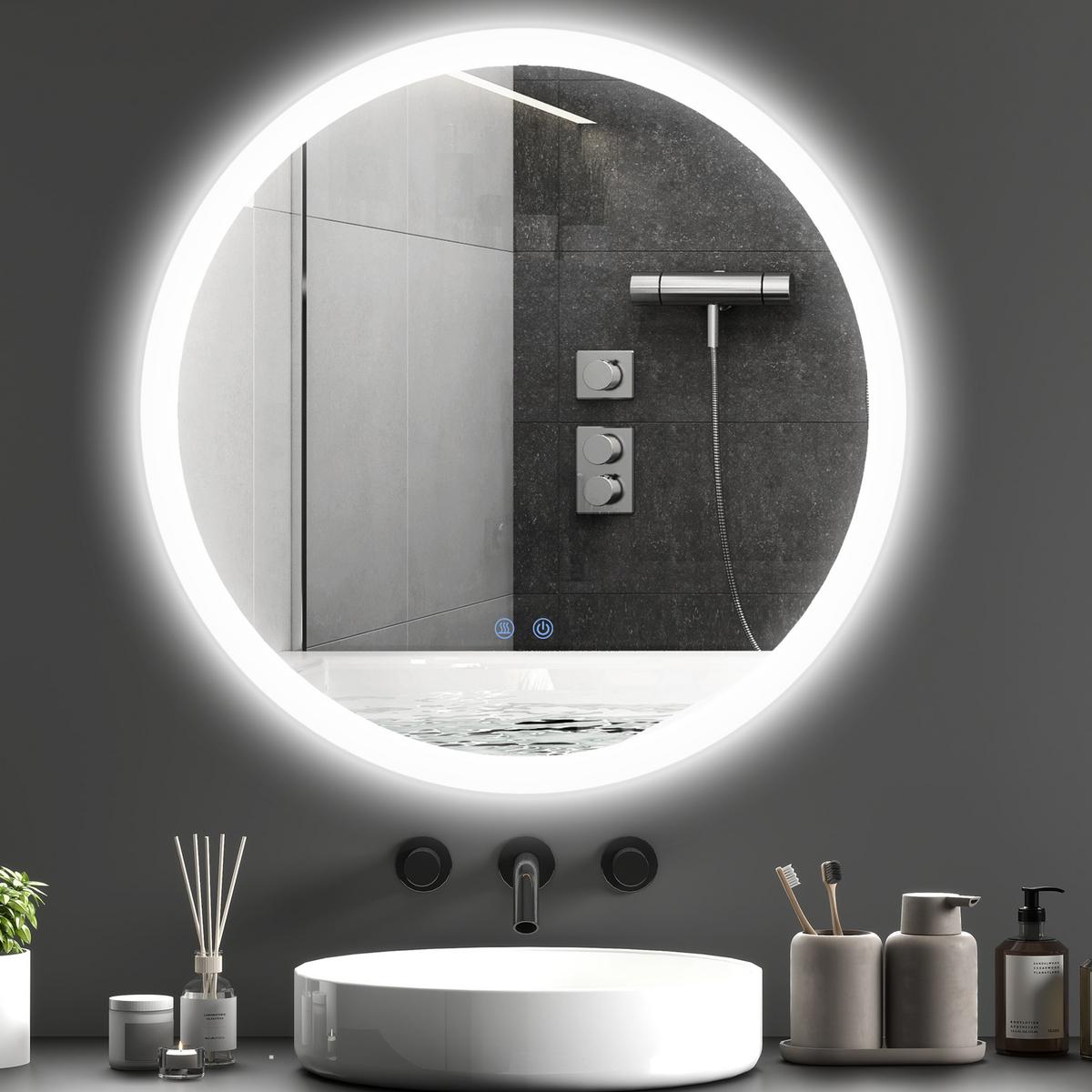 BADSPIEGEL mit Beleuchtung, Ø70 cm Wandspiegel mit 3 Lichtfarben, Anti-Beschlag - Silberfarben, Glas (70/3/70cm) - Kleankin