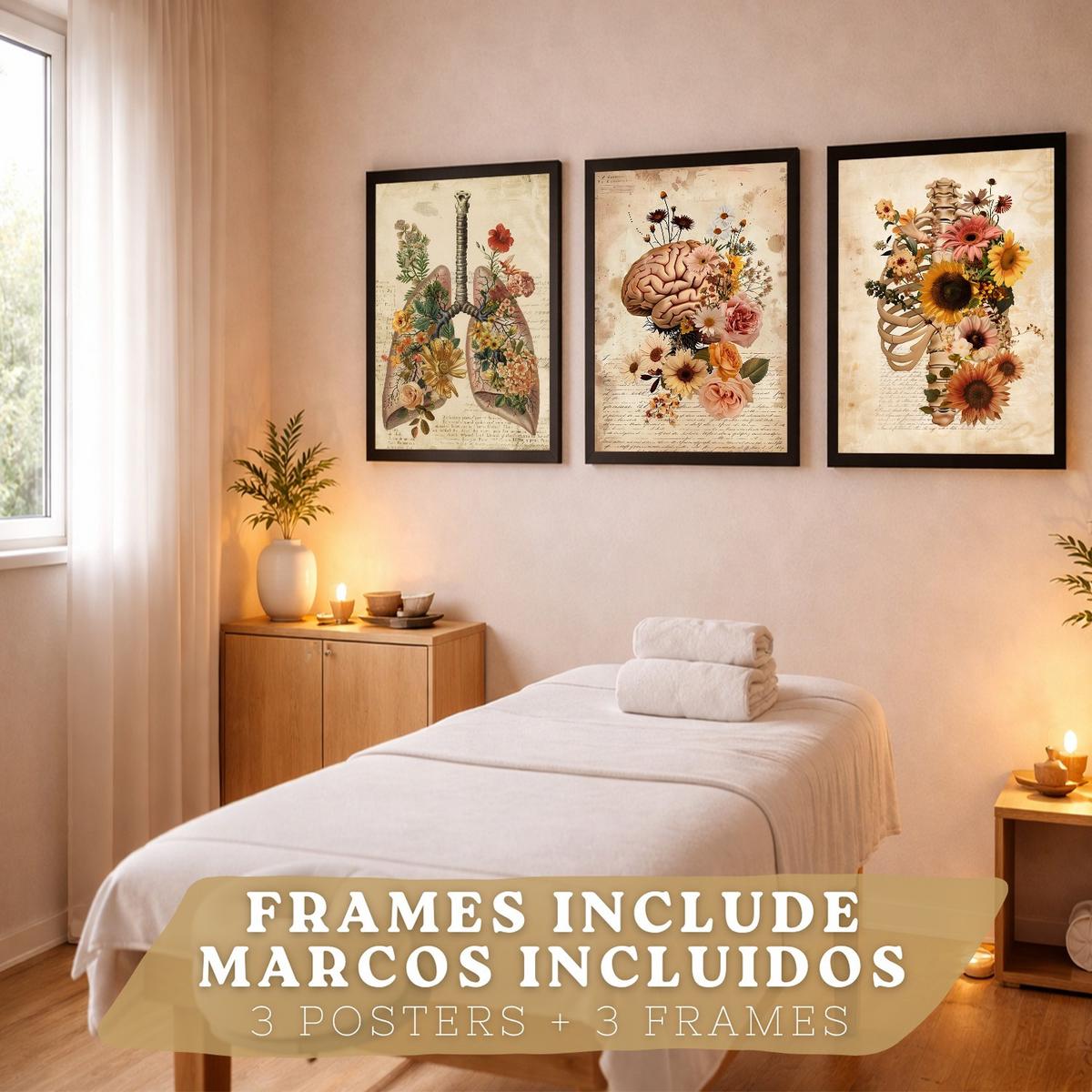 POSTER Set aus 3 Anatomie Mensch Florale Drucke und Wandbilder mit Lungen Brustkorb und Gehirn Botanischer Antiker Stil Größe Schwarzer Rahmen A4 - Schwarz, Papier (21/29.7/3cm) - Nacnic