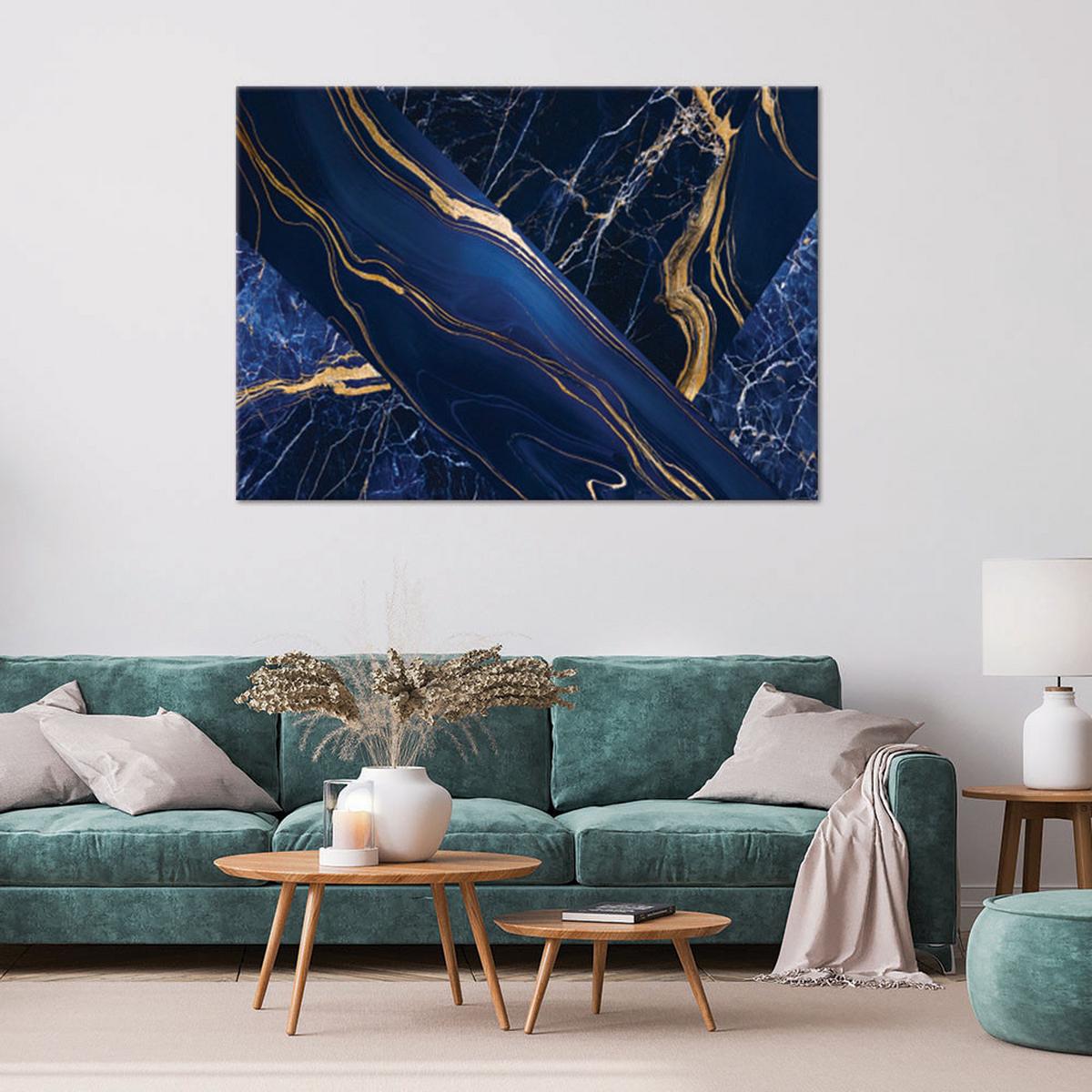 LEINWANDBILD Abstraktion aus blauem Goldmarmor 100x70cm - Blau, Textil (100/70cm) - Feeby