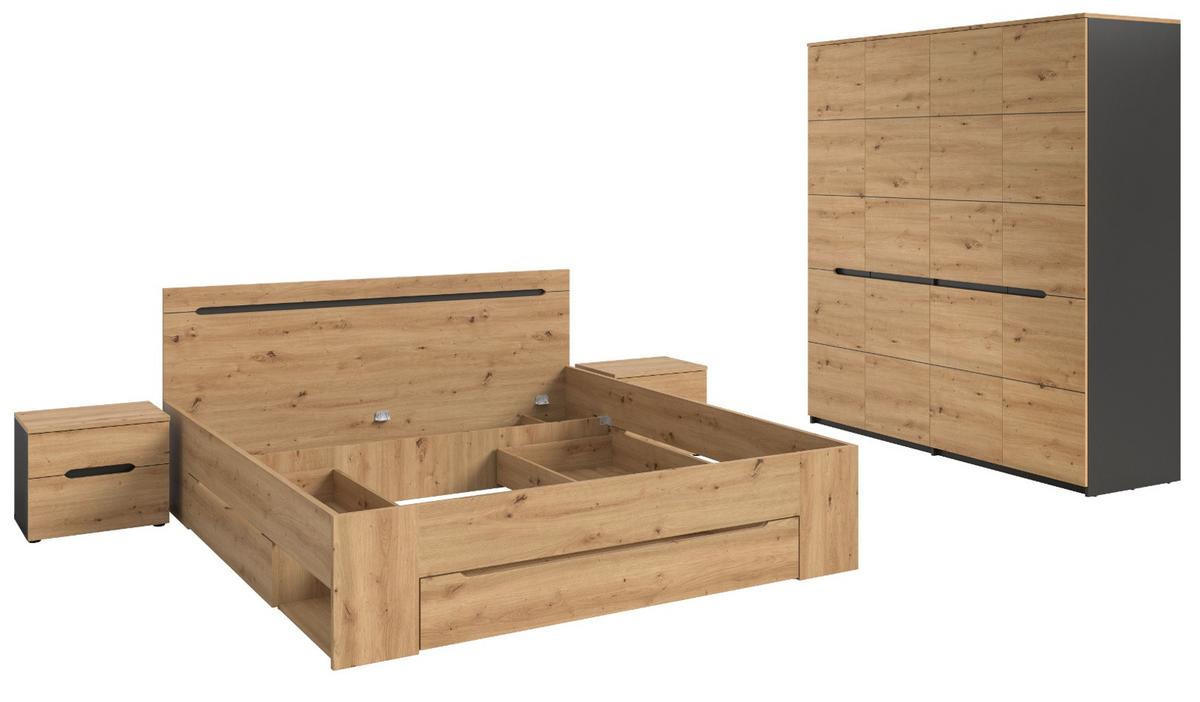 SCHLAFZIMMER Set 4-teilig Eiche Artisan, grau, Komplettset mit großem Kleiderschrank - Eiche Artisan/Grau, Holzwerkstoff/Metall - Inn.Furn