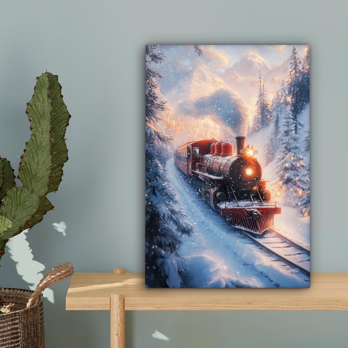 LEINWANDBILD Weihnachtszug - Schnee - Winter - Weihnachten Deko Wohnzimmer 20x30 cm - Dunkelrot, Textil (20/30cm) - MuchoWow