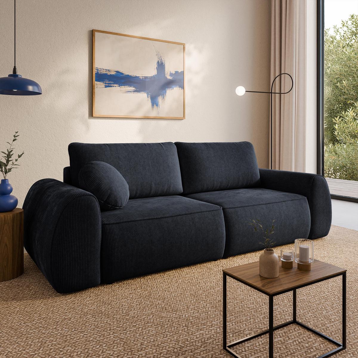 BETTSOFA ZEFEO Schwarz Kordstoff mit Schlaffunktion - Schwarz, Textil (264/96/106cm) - MASSENO