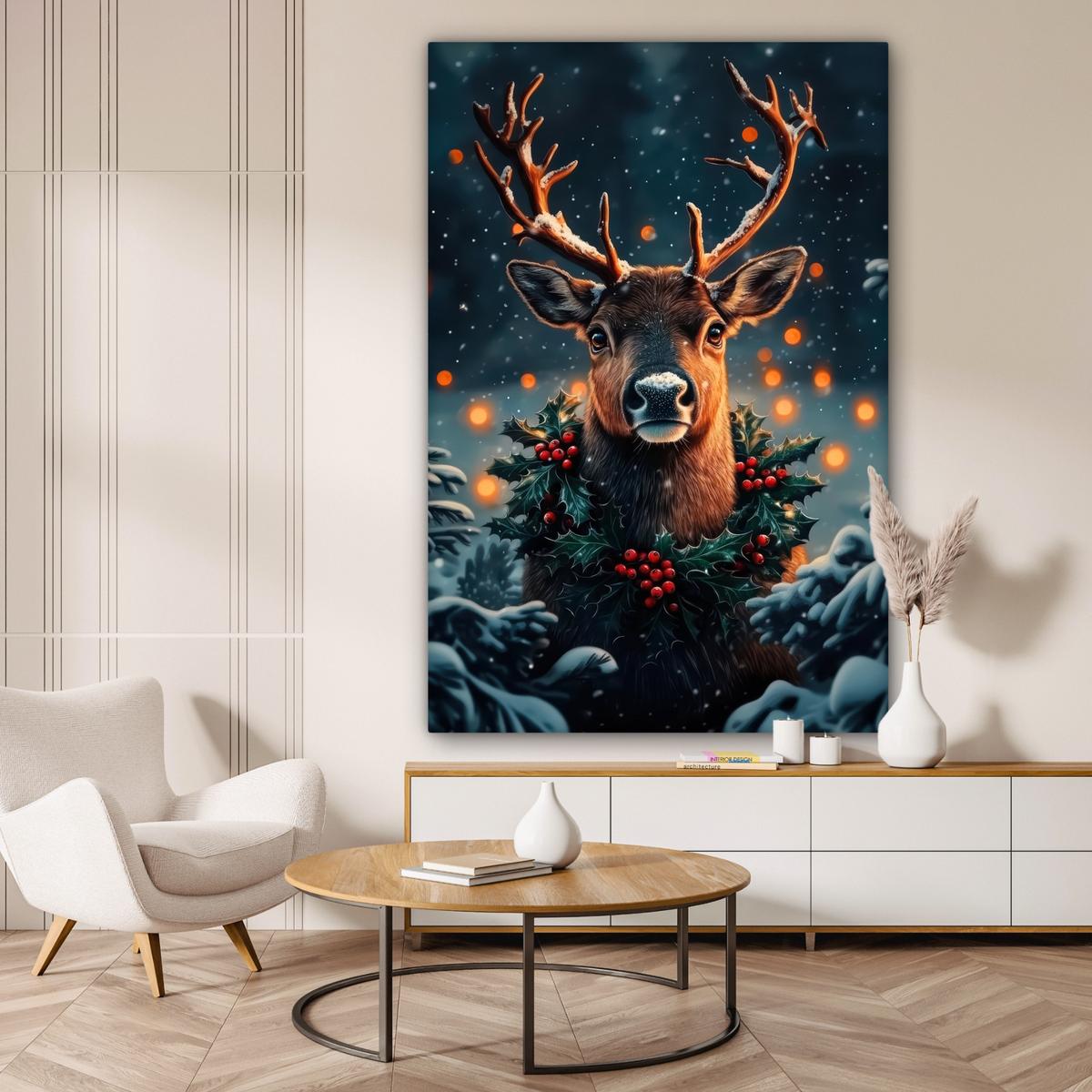 LEINWANDBILD Hirsch - Weihnachten - Winter - Schnee - Weihnachtskranz Deko Groß 90x140 cm - Dunkelbraun, Textil (90/140cm) - MuchoWow