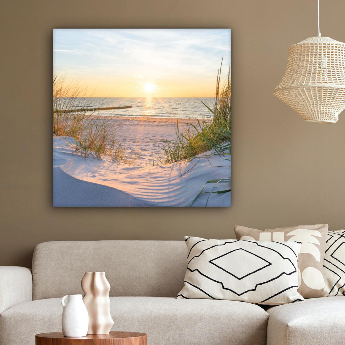 LEINWANDBILD Strand - Sonne - Düne - Gras - Sand - Horizont Deko Groß 90x90 cm - Hellblau, Textil (90/90cm) - MuchoWow