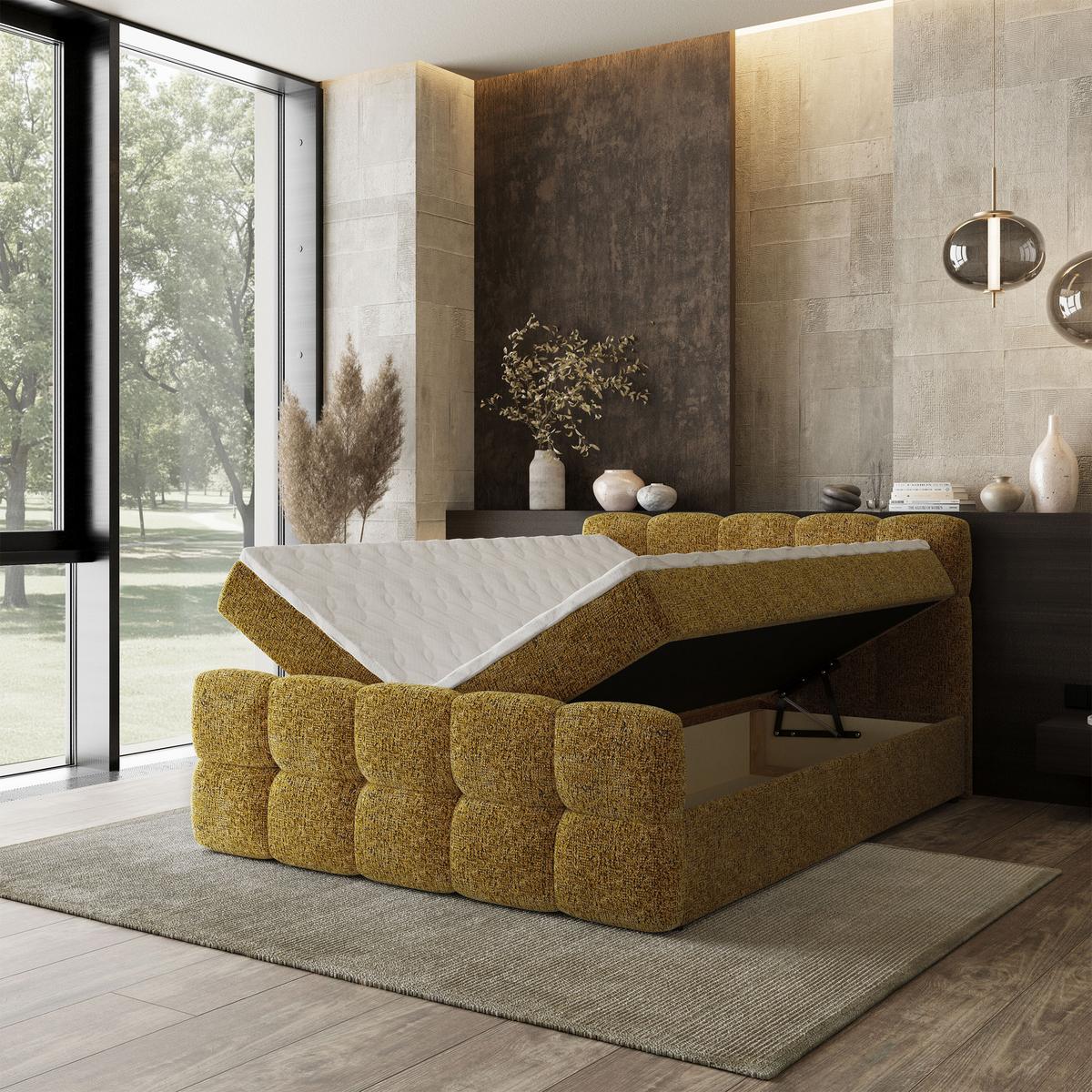 BOXBETT BRUME 180x200 cm mit Matratze und Topper, H2+H3 - Gelb - Gelb, Holz (180/200cm) - MASSENO