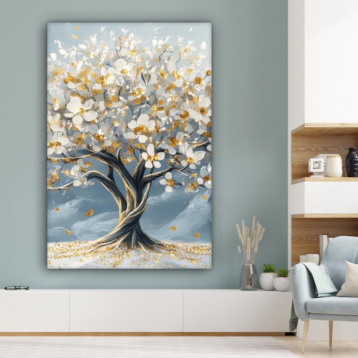 LEINWANDBILD Baum - Winter - Baum des Lebens - Modern - Gold Deko Groß 90x140 cm - Goldfarben, Textil (90/140cm) - MuchoWow