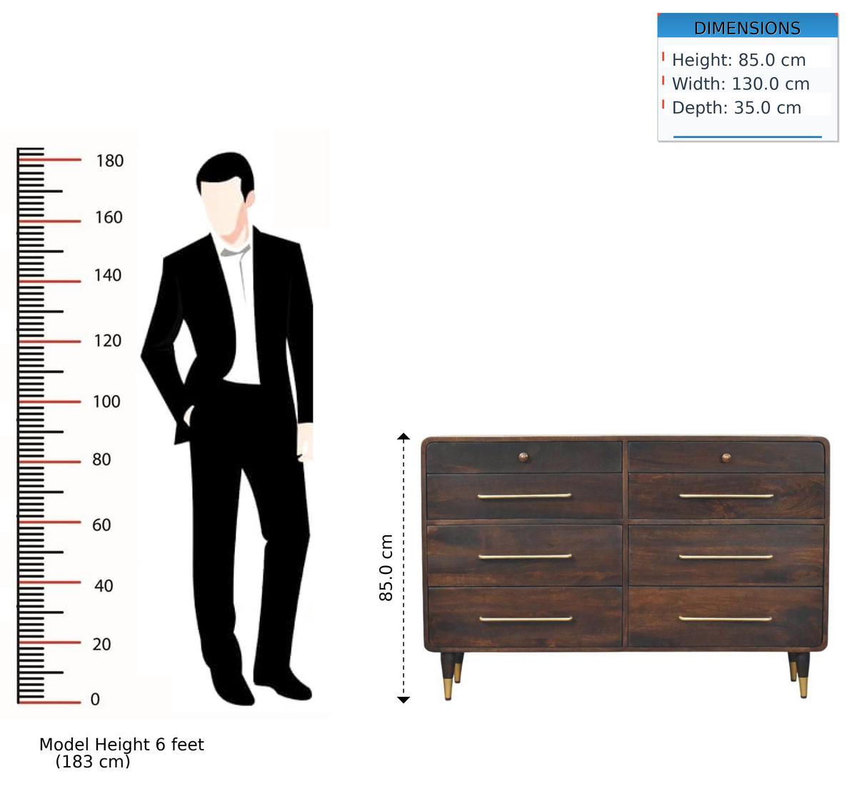 KOMMODE mit edlem Samtbezug in Mokka-Finish, 6 Schubladen, dunkelbraun. - Dunkelbraun, Holz (130/85/35cm) - Artisan Furniture