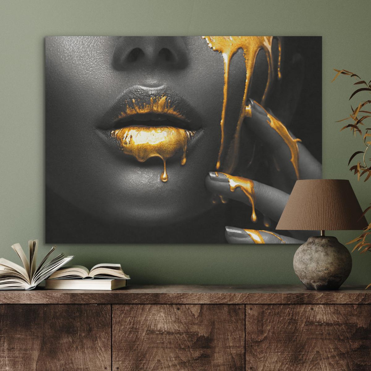 AKUSTIKBILD Frau - Schwarz - Gold - Gesicht - Lippen Gemälde 80x60 cm - Goldfarben, Kunststoff (80/60/0.9cm) - MuchoWow