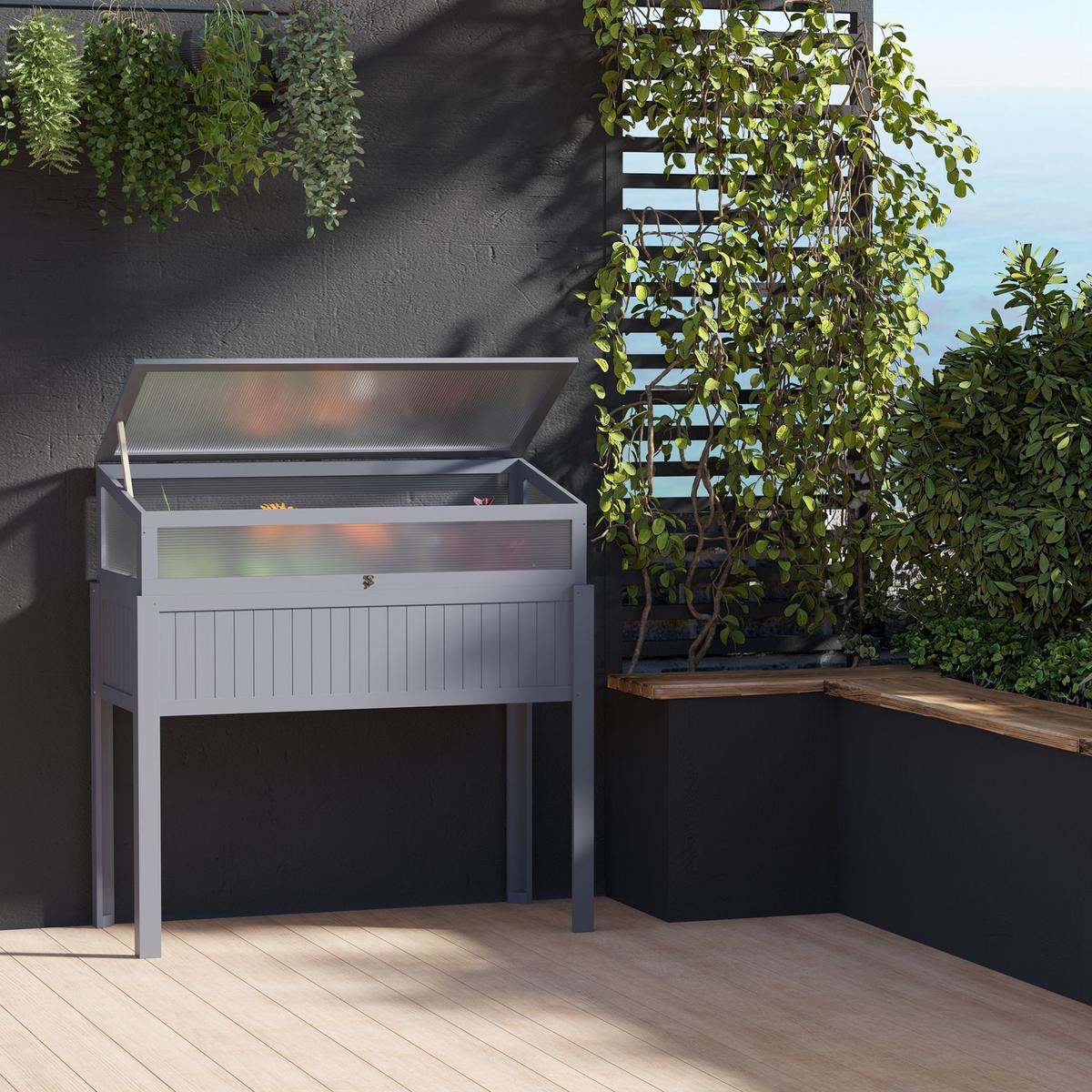 HOCHBEET, Pflanzkasten, für Garten, Balkon und Terrasse, Tannenholz, PC-Panel, Grau - Grau, Holz/Kunststoff (54/122/120cm) - Outsunny