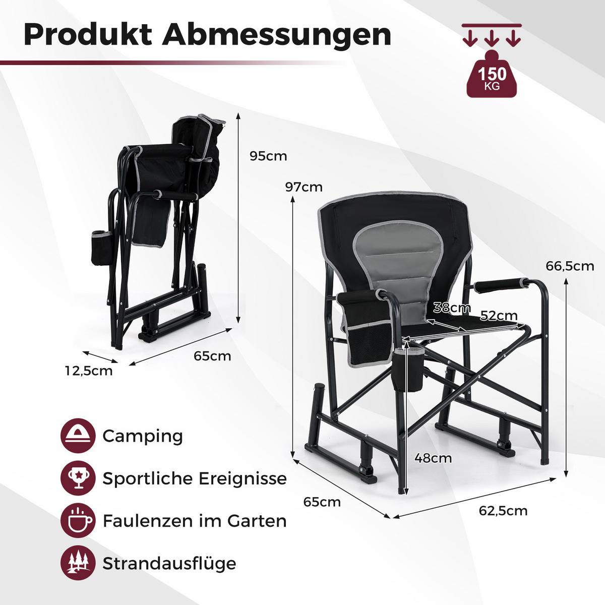 CAMPINGSTUHL Schwarz - Schwarz, Textil (65/97/62.5cm) - COSTWAY