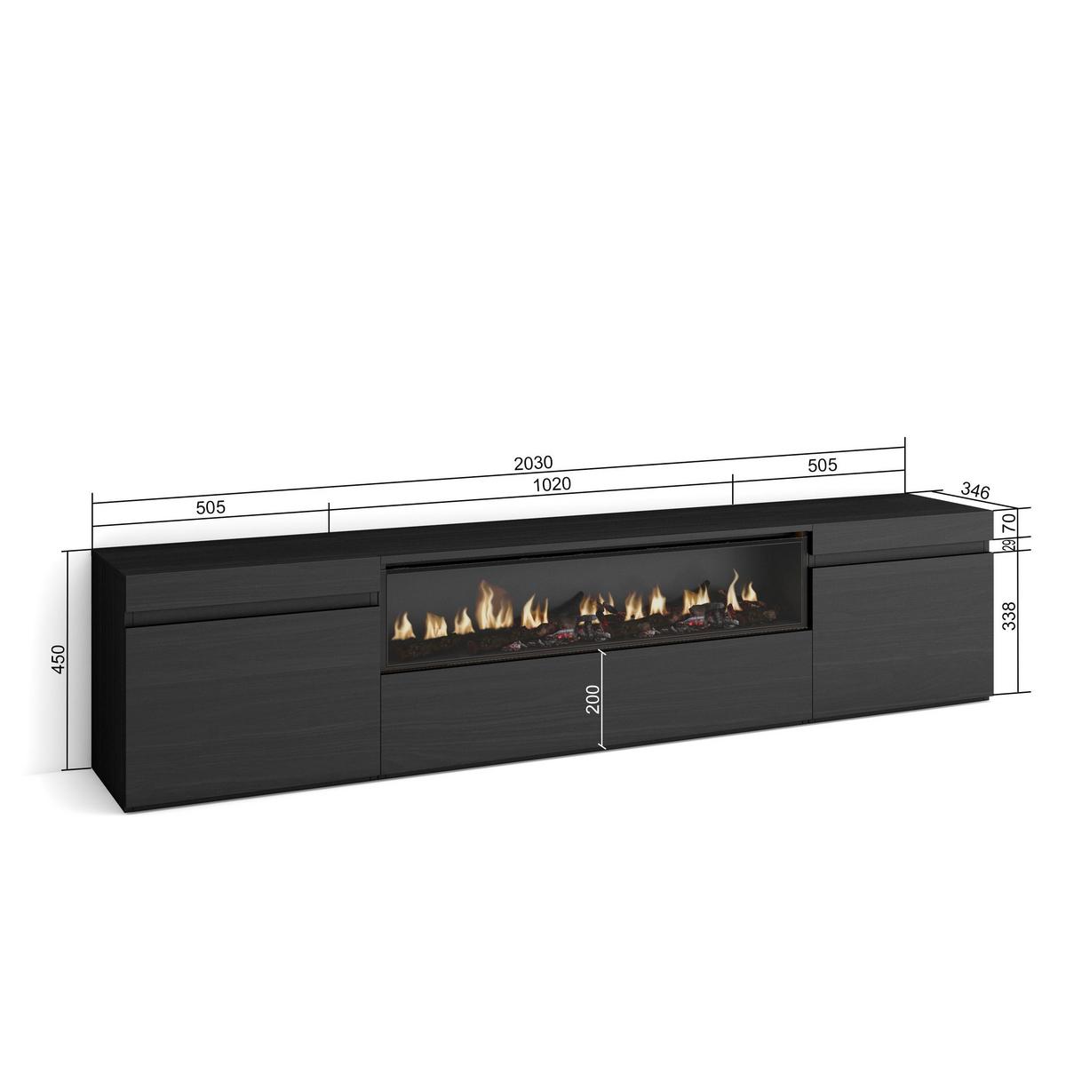 LOWBOARD, mit Elektrokamin, Schwarz, 200/35/45cm - Anthrazit, Holzwerkstoff (200/45/35cm) - Skraut Home