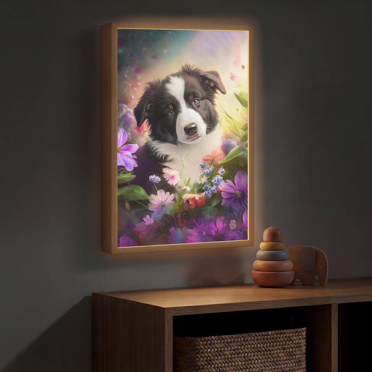 WANDLEUCHTE MIT AKKU Welpe - Sonne - Blumen - Natur - Border Collie - Hund 40x60 cm - Violett, Holzwerkstoff (40/60/8cm) - OnlyWow