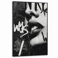 LEINWAND Bilder mit Rahmen - Gesicht - Mund - Graffiti - Schwarz - 90x140 - Schwarz, Textil (90/140cm) - MuchoWow