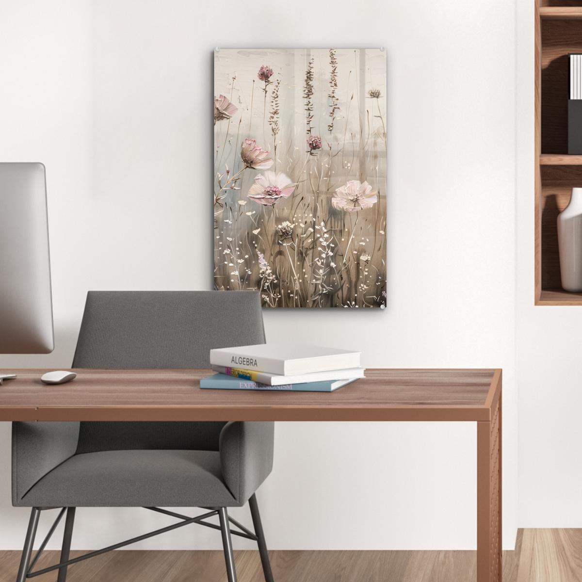 ACRYLGLASBILD Blumen - Rosa - Modern - Beige Wanddeko Wohnzimmer 40x60 cm - Beige, Glas (40/60cm) - MuchoWow