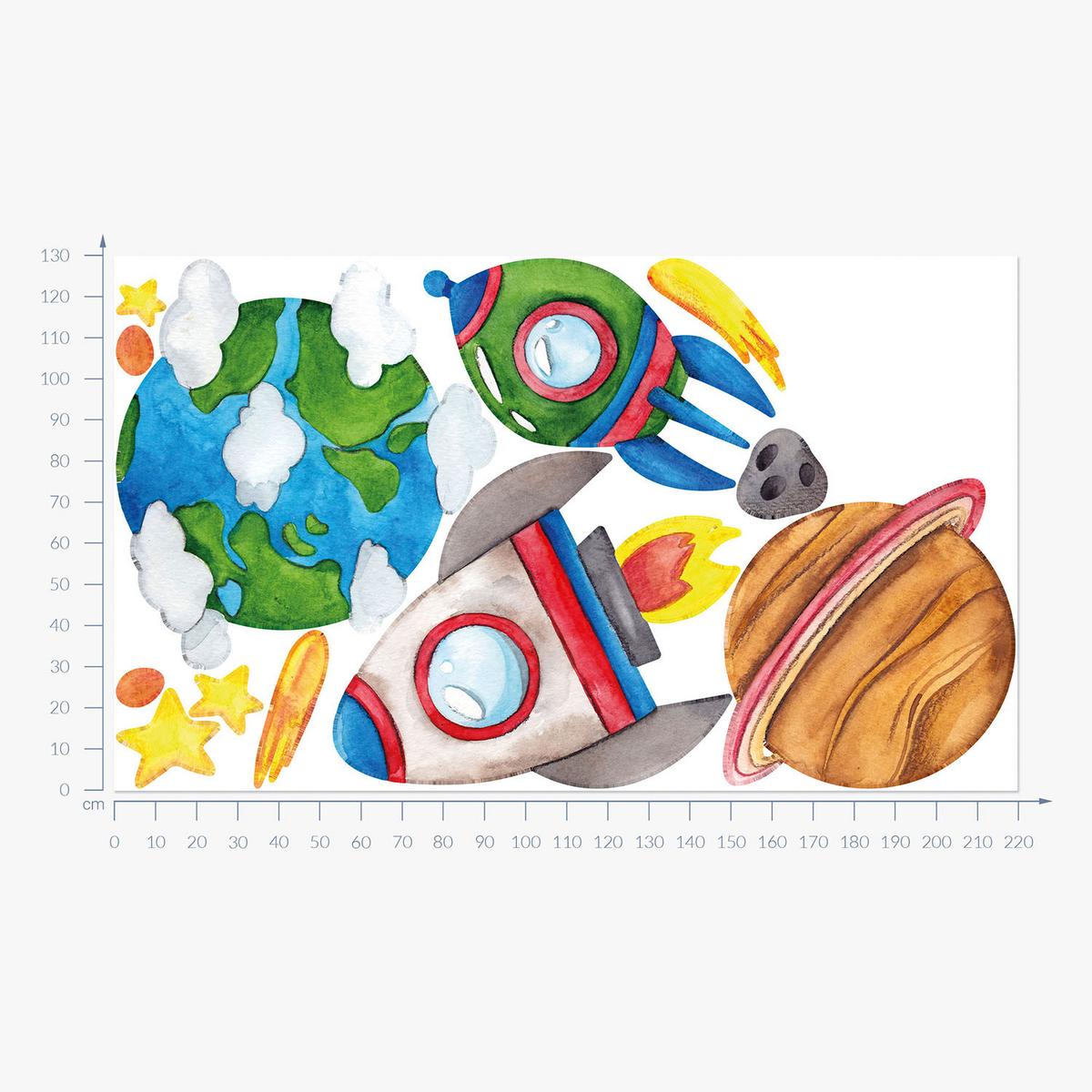 WANDAUFKLEBER 130x220cm - Erde Raketen Sterne - Multicolor, Kunststoff (130/220/0.1cm) - Wallfluent