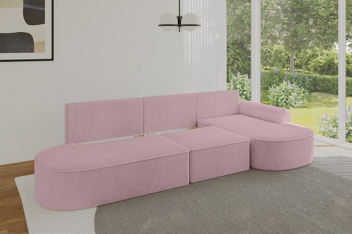 ECKSOFA mit Schlaffunktion Ottomane RECHTS MARI L2-S 368X167X85 Rosa Cord - Schwarz/Rosa, Holzwerkstoff/Kunststoff (167/368cm) - ALTDECOR