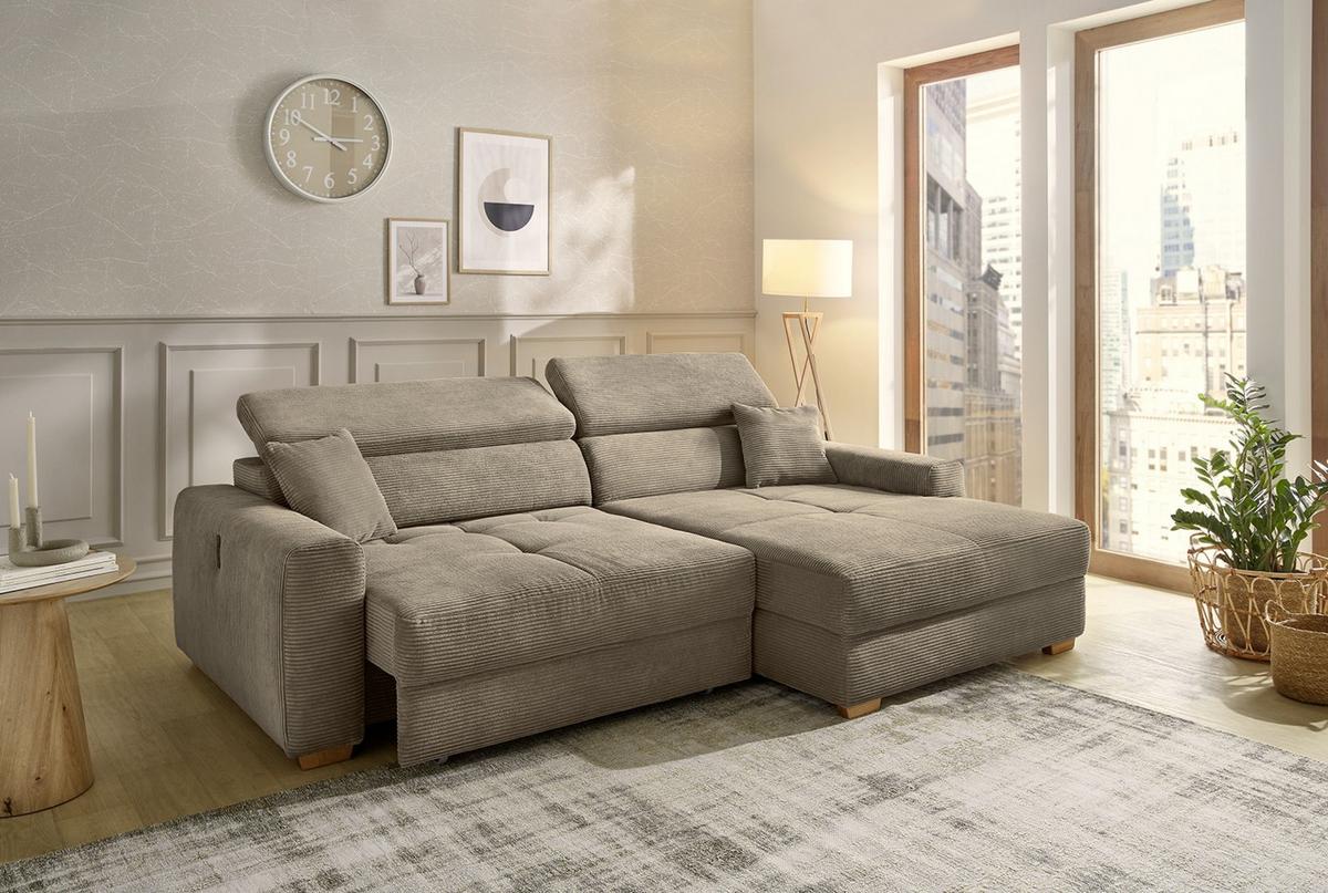 ECKSOFA mit elektrischer Sitztiefenverstellung, Kopflehnen verstellbar, USB-A und USB-C Ladefunktion B277/T187/H109 cm, Cord Braun Taupe / 15401 - Eichefarben/Braun, Eichenholz/Textil (277/187cm) - luma-home