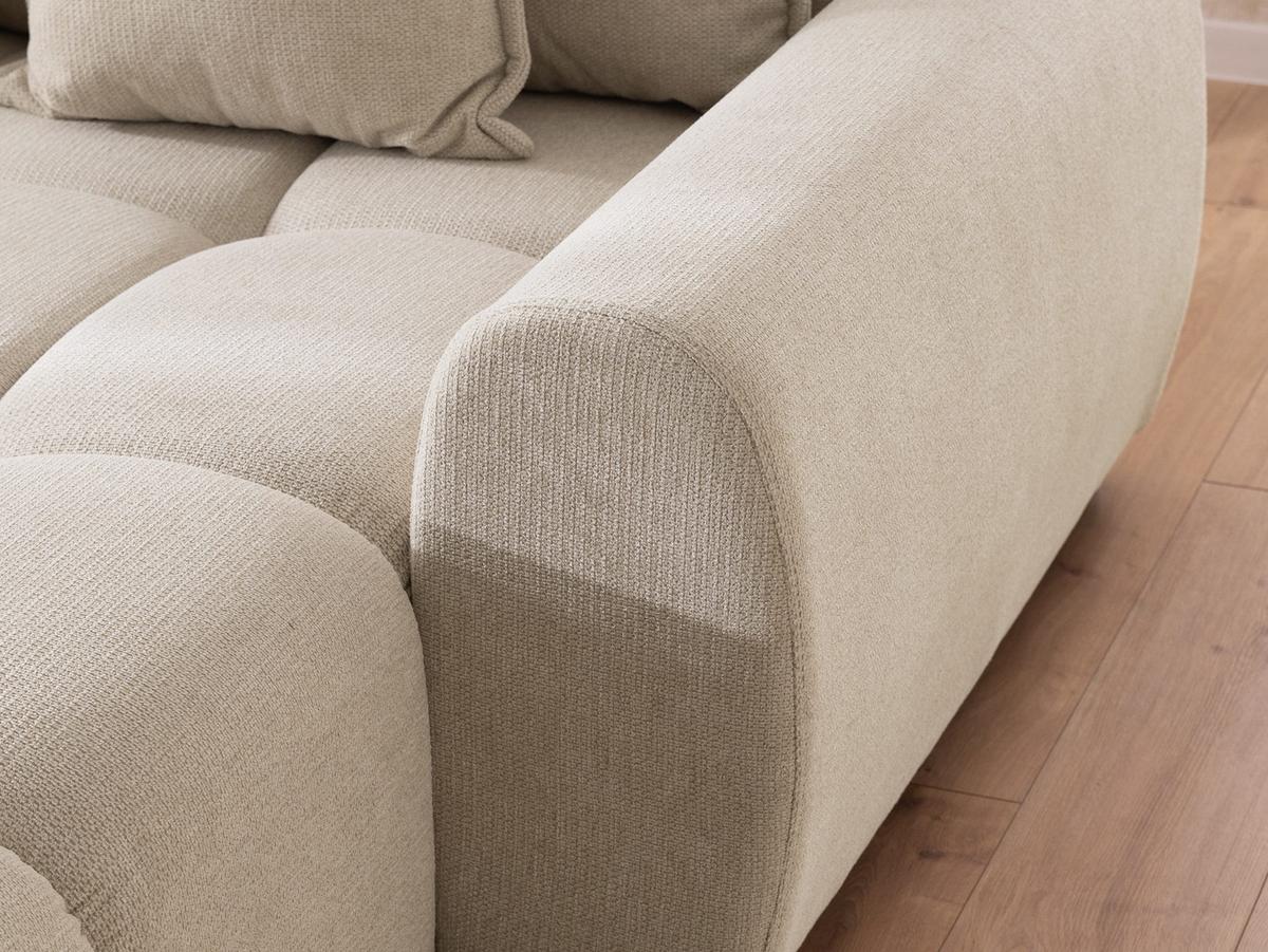 ECKSOFA Bubble mit losen Rückenkissen und Sitzfläche in Bubble-Optik aus weichem Hellbeige Strukturstoff mit schöner Sitzkomfort - Ottomane rechts - Beige/Schwarz, Holz/Kunststoff (306/180cm) - S-Style Möbel