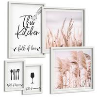 BILDER SET 5er Set - 50x50 cm & 20x30 cm & 40x60 cm Weißer Rahmen - Abstrakte Blattmalerei - Weiß, Kunststoff (40/60cm) - TULUP