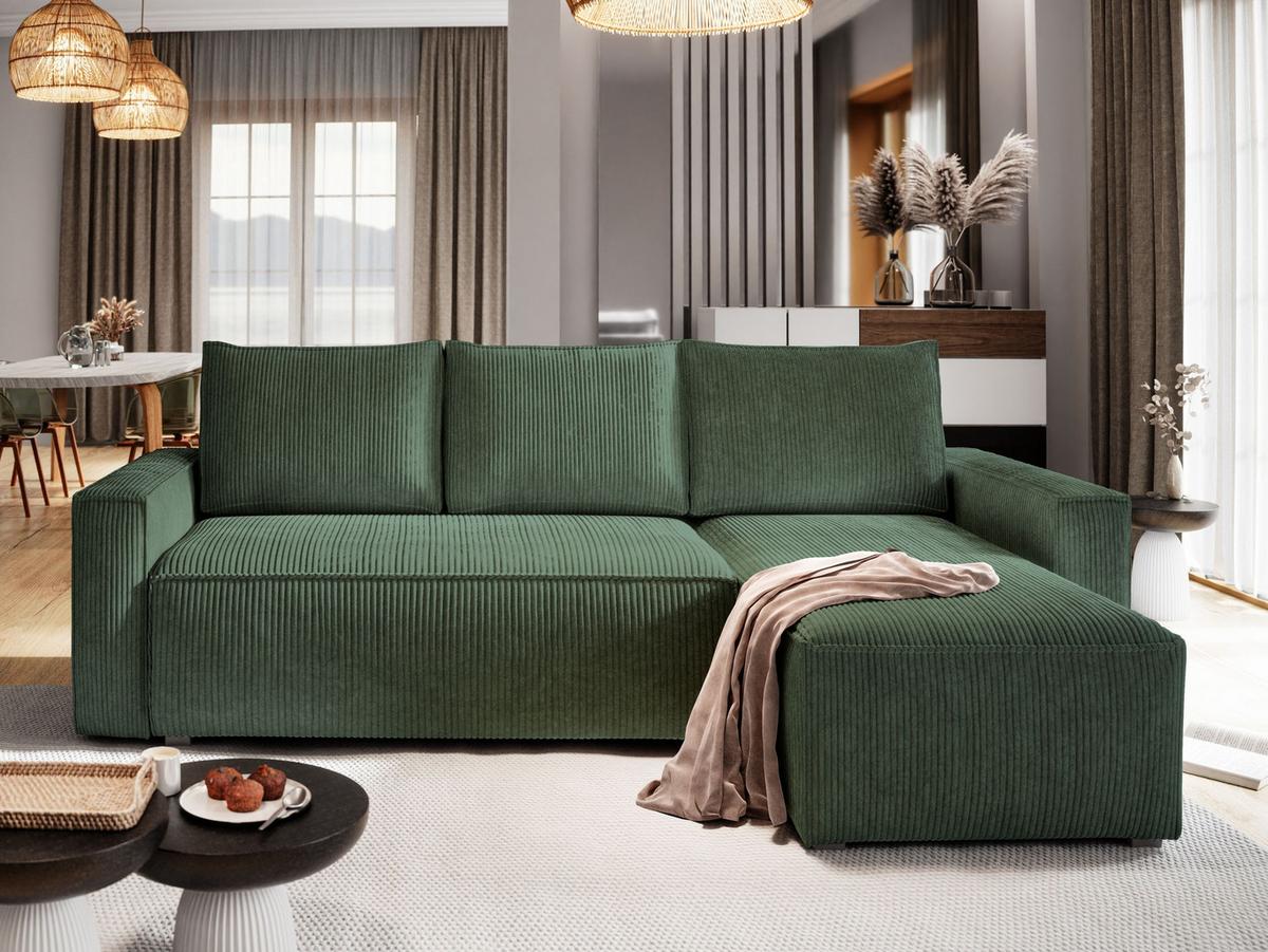 ECKSOFA POTARO Grün Kordstoff mit Schlaffunktion - Grau/Grün, Holz/Kunststoff (232/140cm) - MASSENO