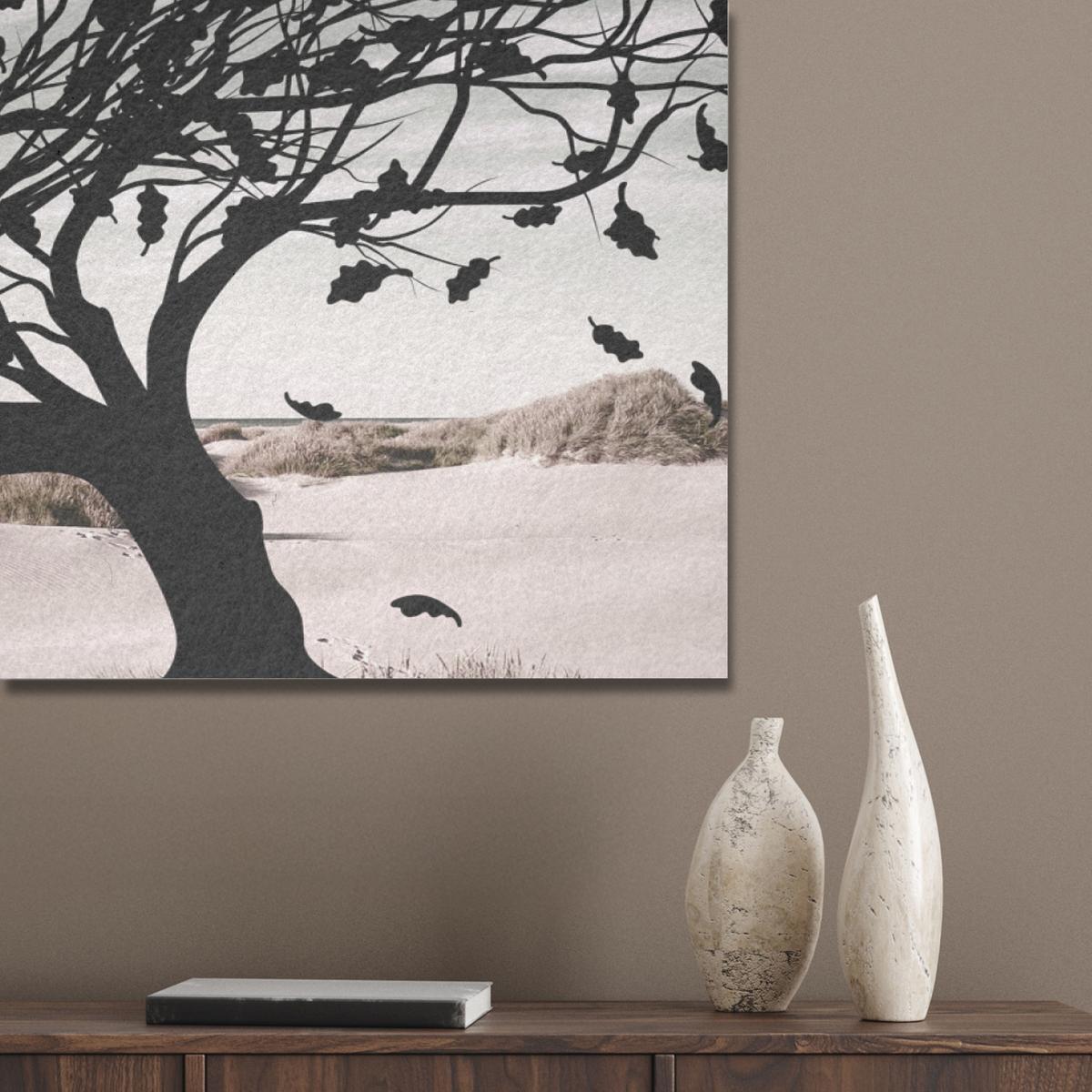 AKUSTIKBILD Strand - Meer - Menschen - Baum - Moderne Kunst Wandbild Wohnzimmer 100x70 cm - Hellgrau, Kunststoff (100/70/0.9cm) - MuchoWow