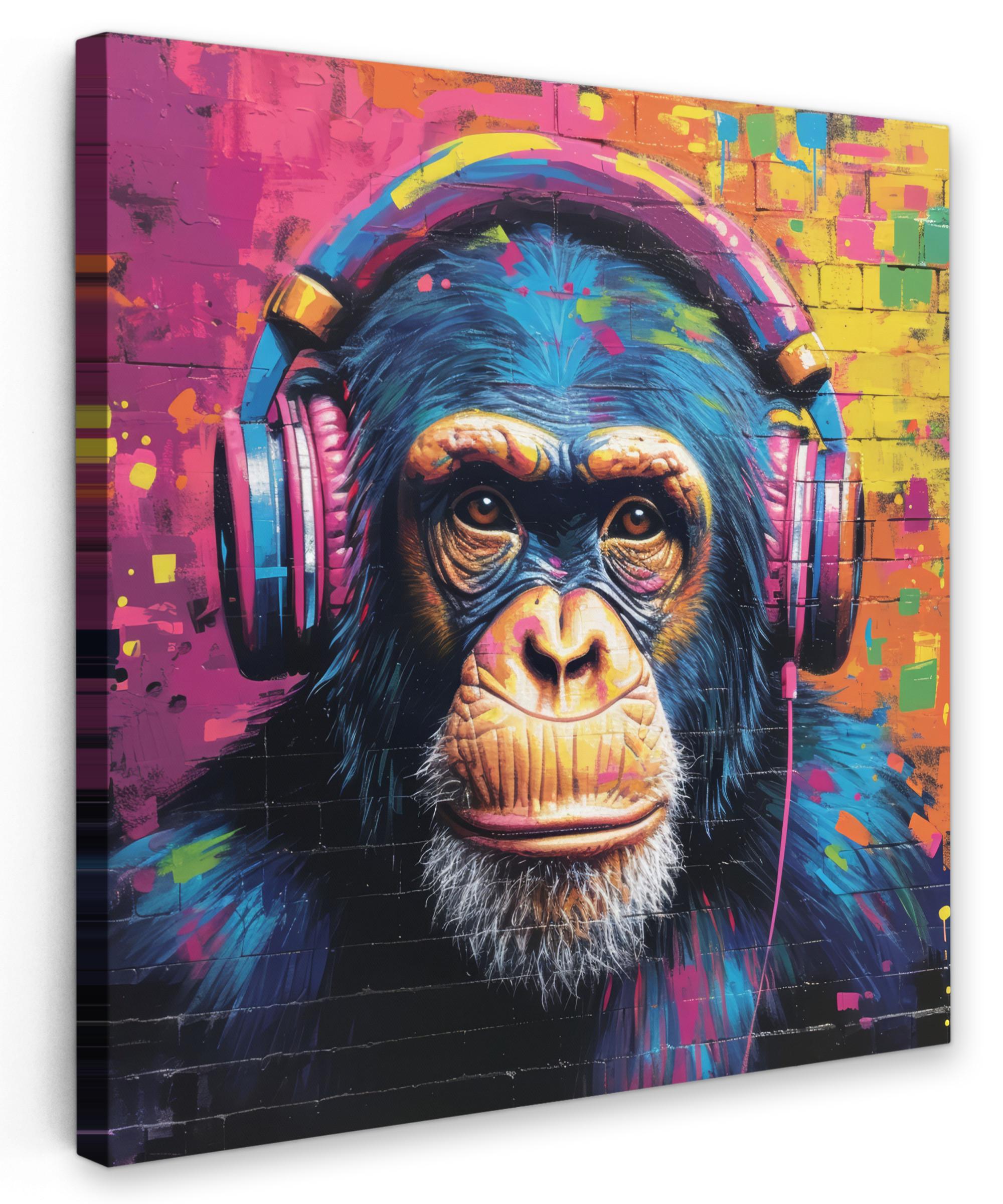 LEINWANDBILD Graffiti - Schimpanse - Straßenkunst - Kopfhörer - Affe Deko Wohnzimmer 20x20 cm - Blau, Textil (20/20cm) - MuchoWow