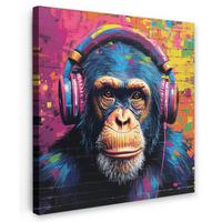 LEINWANDBILD Graffiti - Schimpanse - Straßenkunst - Kopfhörer - Affe Wandbild Wohnzimmer 50x50 cm - Blau, Textil (50/50cm) - MuchoWow