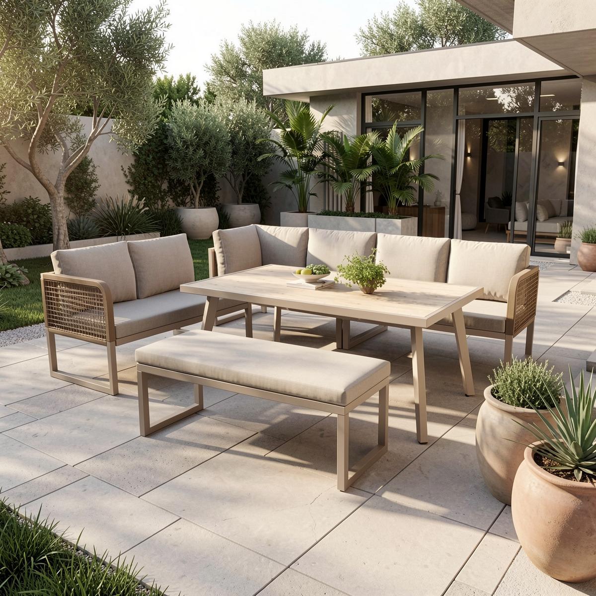 LOUNGEGARNITUR PE-Rattan Beige Ecksofa mit Tisch & Bank - Beige, Metall - Urban Meuble
