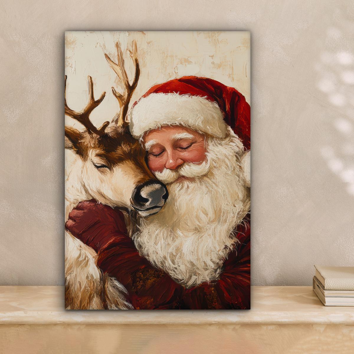 LEINWANDBILD Weihnachtsmann - Rentier - Weihnachten Deko Wohnzimmer 20x30 cm - Rotbraun, Textil (20/30cm) - MuchoWow