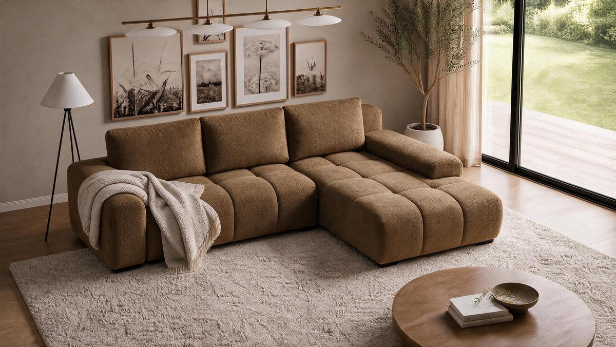 ECKSOFA Ovia mit Bettkasten und Schlaffunktion, Bouclé-Stoff in L-Form - Braun, Textil (270/185cm)