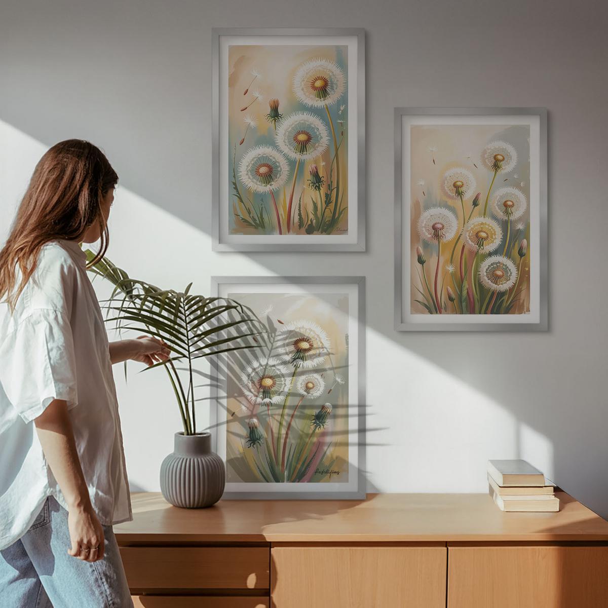 BILDER SET 3er Set - 40x60 cm Silberner Rahmen - Löwenzahnblüten, pastellfarbene Gräser - Silberfarben, Kunststoff (40/60cm) - TULUP
