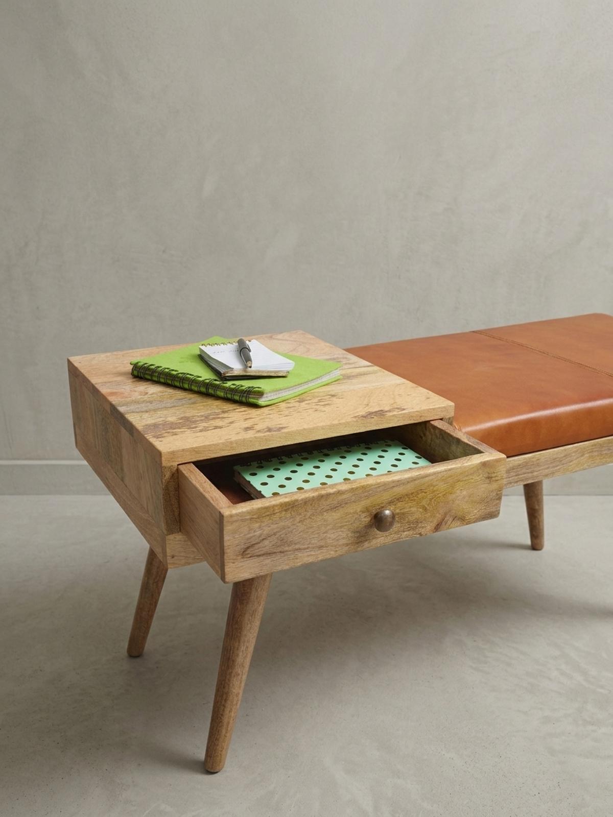 SITZBANK Retro Stil Stauraum Ziegenleder Bezug, Braun 100x38x52 cm - Braun, Leder/Holz (100/52/38cm) - KADIMA DESIGN
