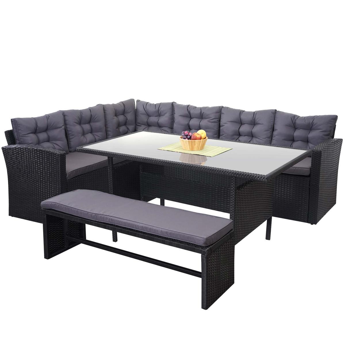 POLY-RATTAN-GARNITUR MIT BANK Schwarz 1 Eckbank, 1 Tisch, 1 Sitzbank-Set - Schwarz, Kunststoff - MCW