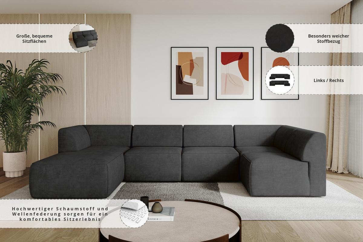 WOHNLANDSCHAFT Ottomane Links MOVO-L 345x180x78 cm Schwarz Velours - Schwarz, Holzwerkstoff/Kunststoff (345/78/180cm) - ALTDECOR