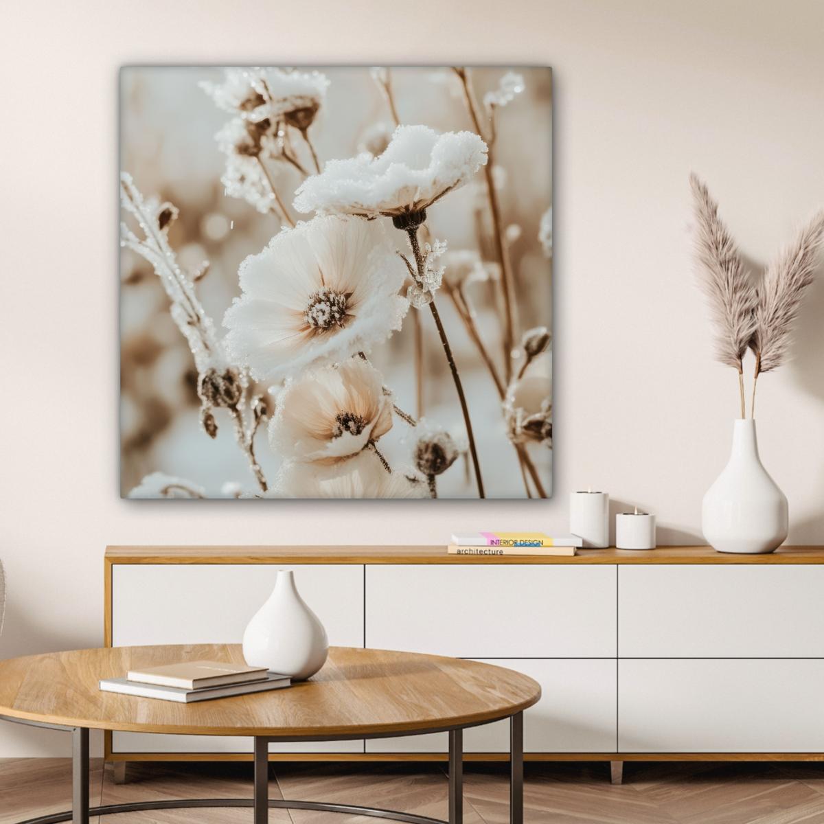 LEINWANDBILD Blumen - Winter - Weiß - Schnee - Beige Deko Groß 90x90 cm - Creme, Textil (90/90cm) - MuchoWow