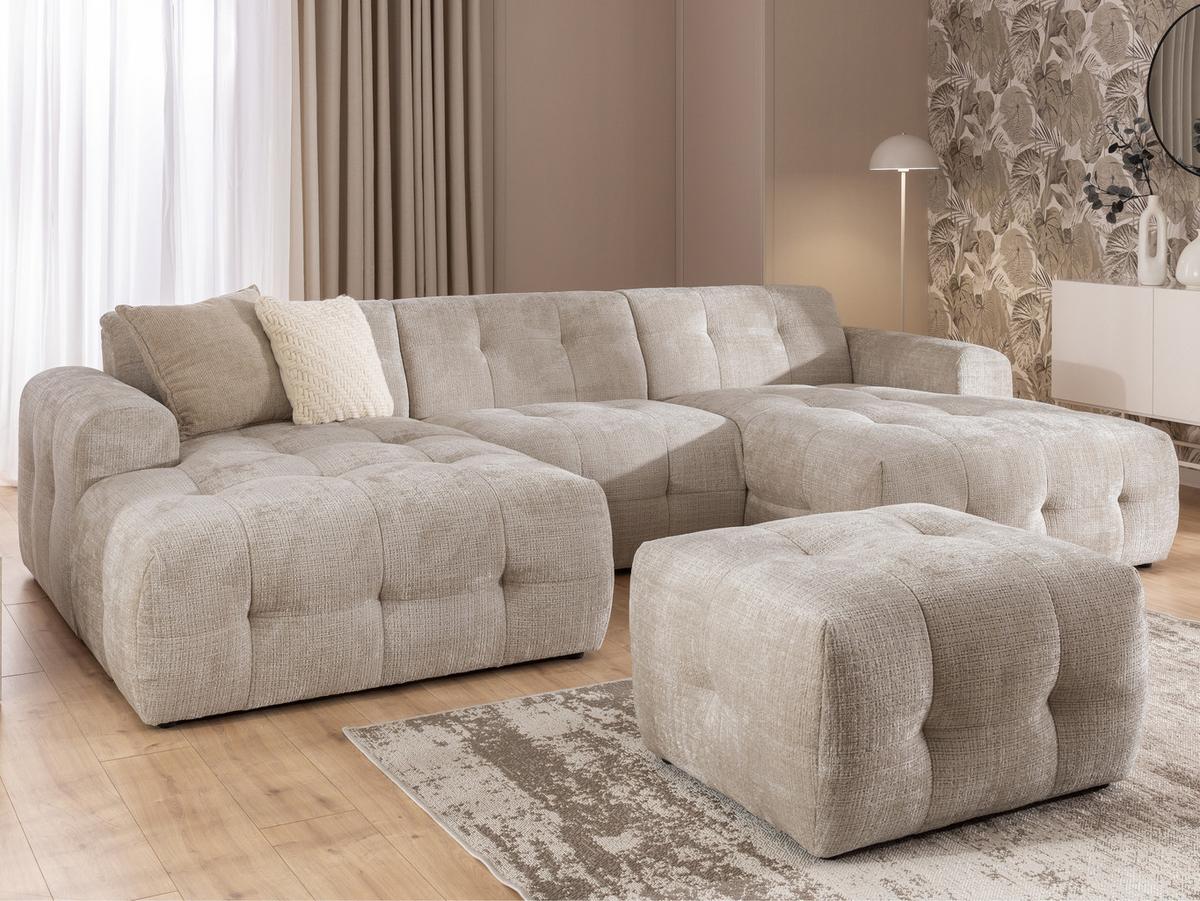 POLSTERHOCKER mit raffinierten Steppungen, zu passendem Sofa, Wellenunterfederung, Chenille-Bezug Sandgrau / 21054 - Sandfarben/Schwarz, Kunststoff/Textil (87/46/68cm) - luma-home