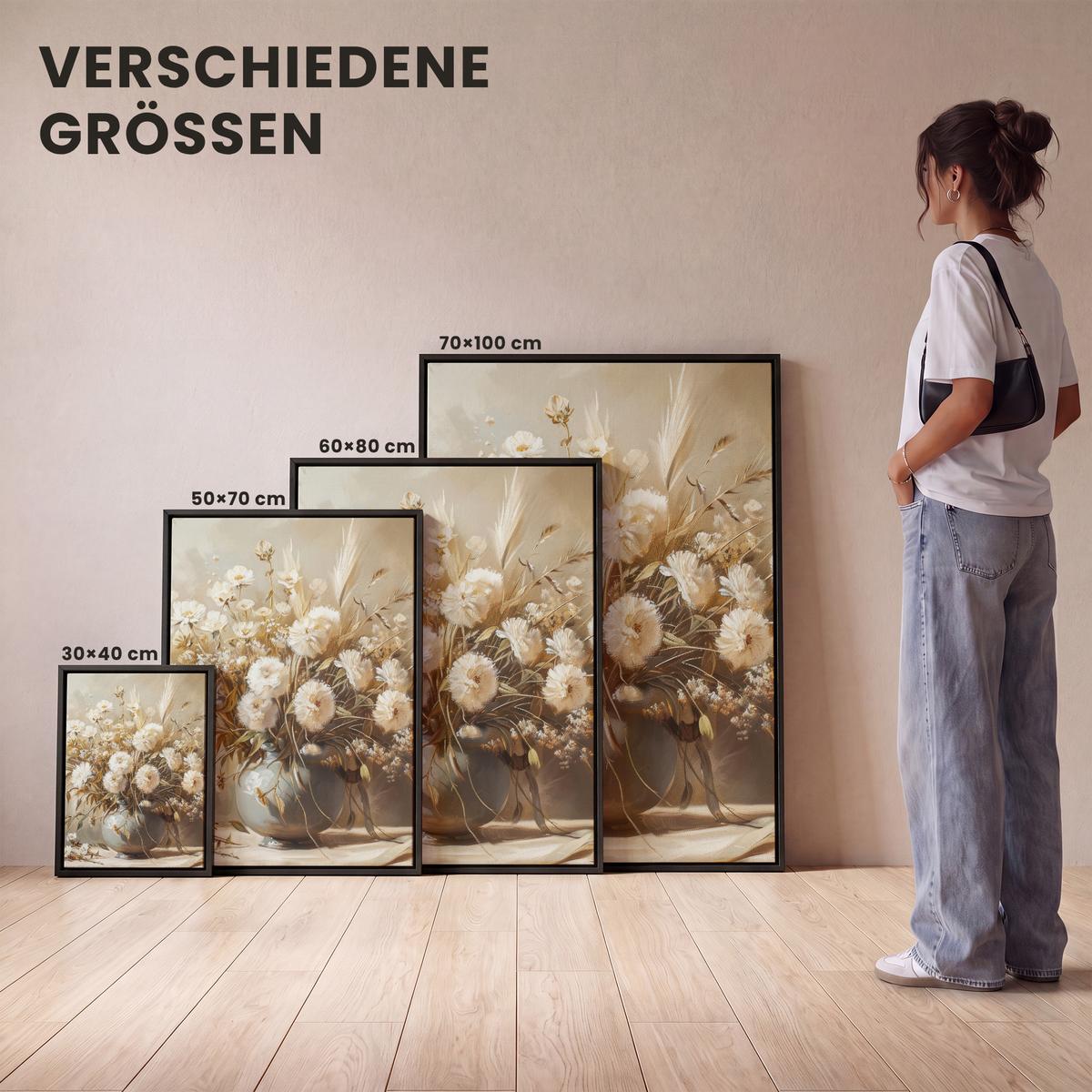 LEINWAND Bilder mit Rahmen - Blumen - Vase - Stilleben - Beige - 50x70 - Creme, Textil (50/70cm) - MuchoWow