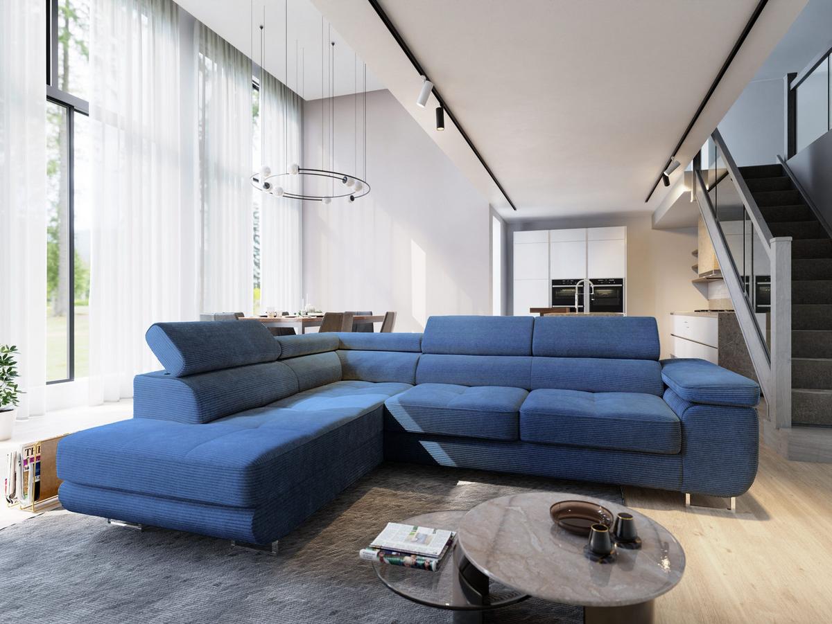 ECKSOFA APIRO L-S Blau Kordstoff mit Schlaffunktion - Blau/Silberfarben, Holz/Textil (276/202cm) - MASSENO