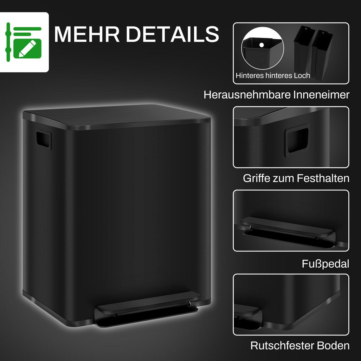 MÜLLEIMER 2 x 25L Treteimer mit Deckel, Fußpedal, Inneneimer, Edelstahl - Schwarz, Metall (37.5/56/47.7cm) - HOMCOM
