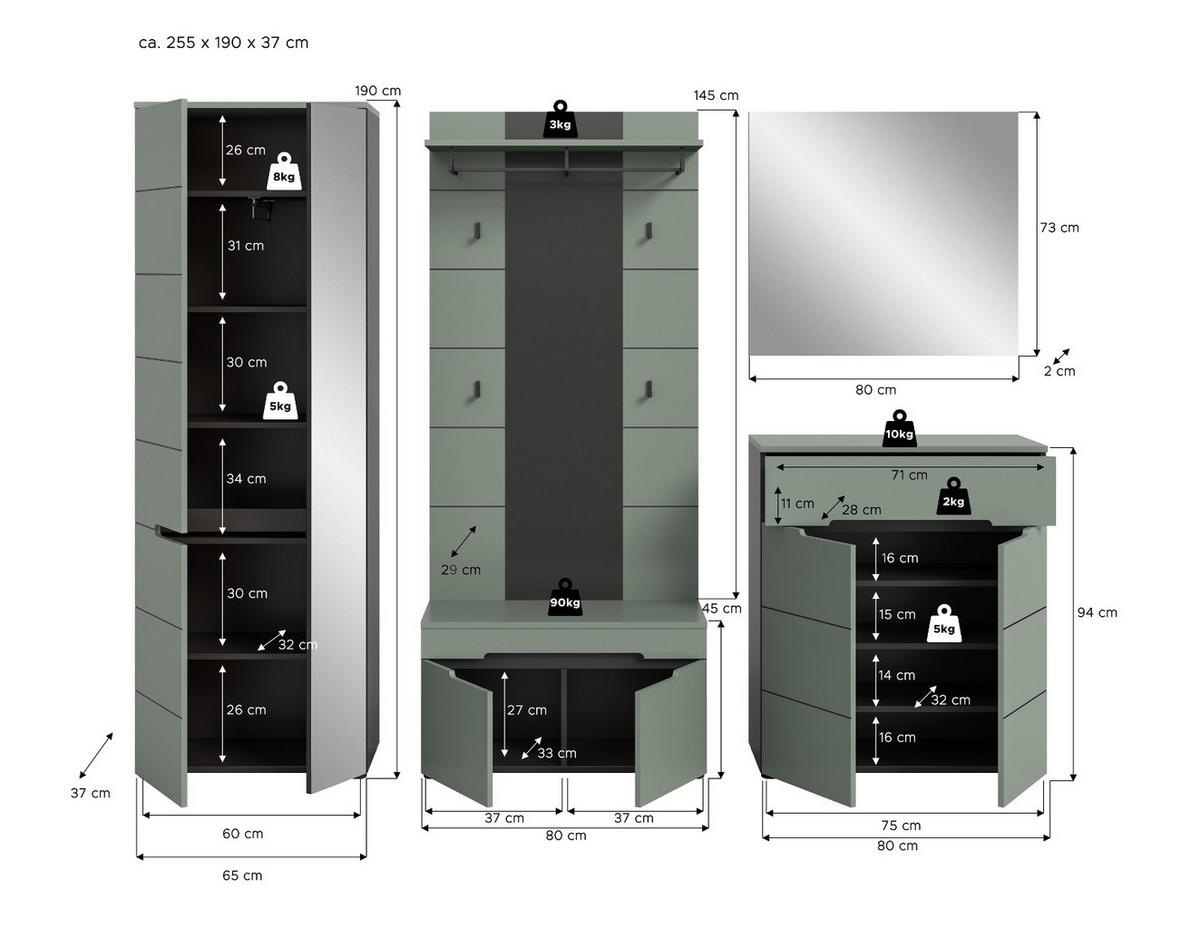 GARDEROBE-SET Salbei und Grau, Garderobe 5-teilig, 255 x 190 cm, Soft-Close, Cooper - Salbeigrün/Dunkelgrau, Holzwerkstoff/Kunststoff (255/190/37cm) - Inn.Furn