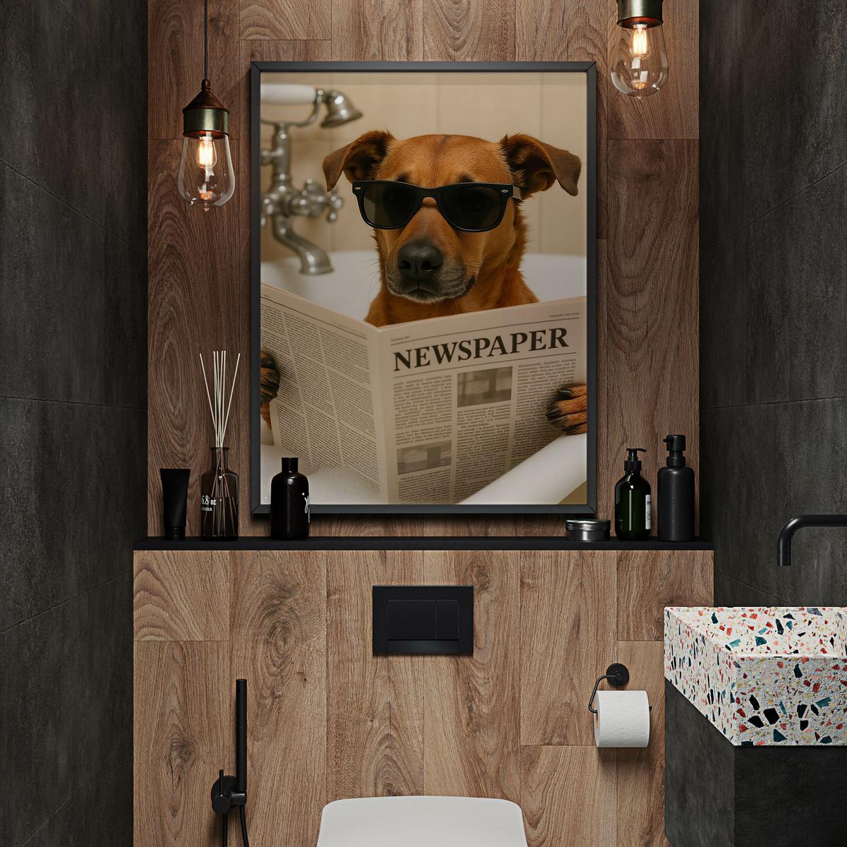 POSTER für WC Badezimmer HUND in Badewanne Retro Zeitung Abstraktion 20x30cm - Beige/Schwarz, Papier (20/30/30cm) - Muralo