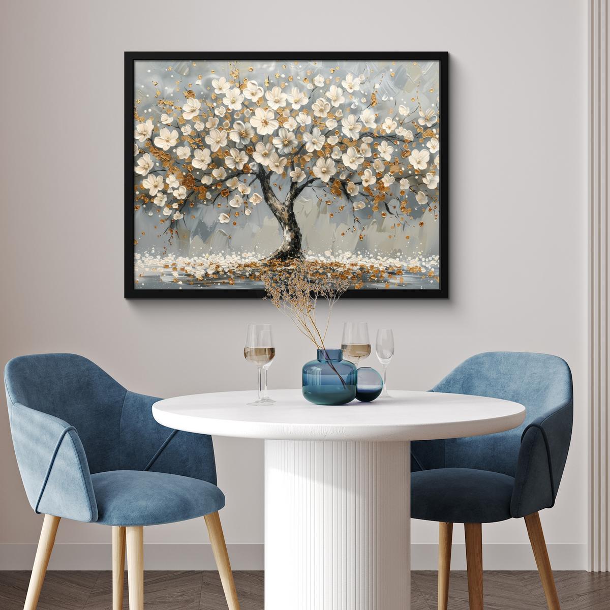 POSTER MIT RAHMENGERAHMTES BILD Baum - Blumen - Weiß - Natur - Kunst 80x60 cm - Weiß, Papier (80/60cm) - MuchoWow