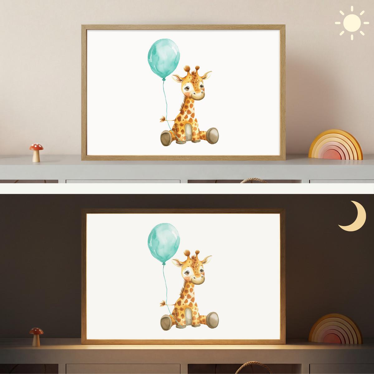 WANDLEUCHTE MIT AKKU Giraffe - Baby - Tiere - Blauer Ballon 60x40 cm - Weiß, Holzwerkstoff (60/40/8cm) - OnlyWow