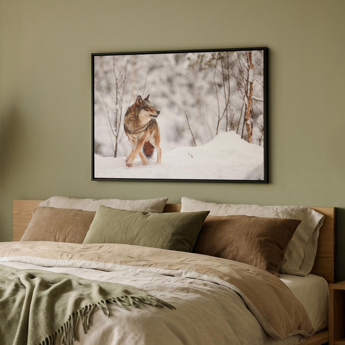 LEINWAND Bilder mit Rahmen - Wolf - Winter - Schnee - Natur - Tiere - 70x50 - Haselnussfarben, Textil (70/50cm) - MuchoWow