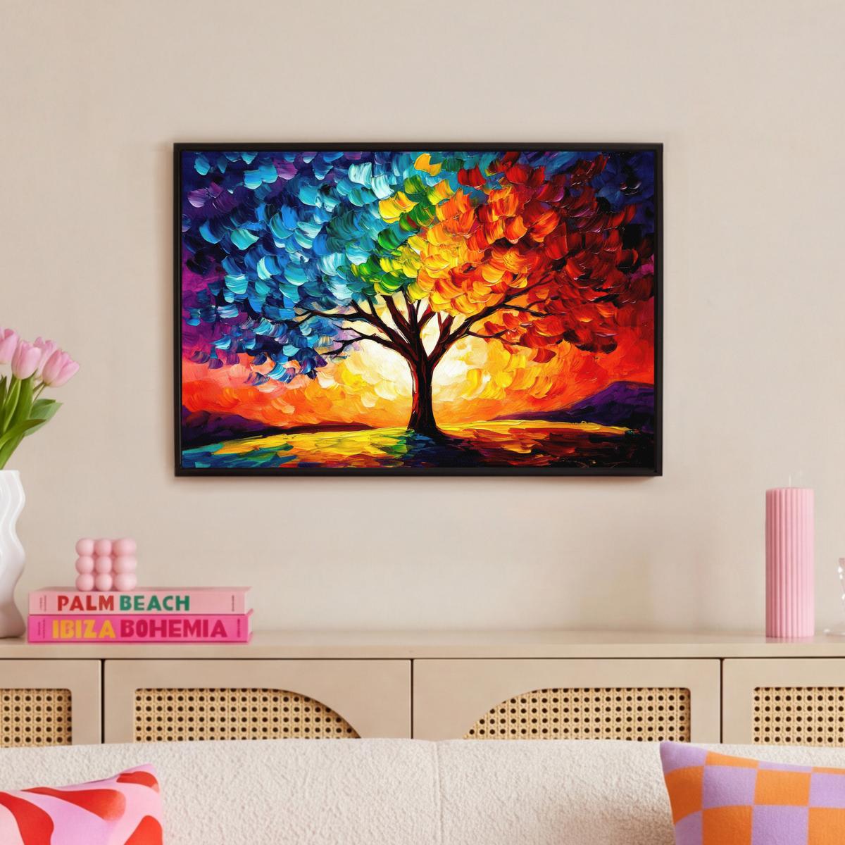 LEINWAND Bilder mit Rahmen - Baum - Kunst - Natur - Sonnenuntergang - 60x40 - Multicolor, Textil (60/40cm) - MuchoWow
