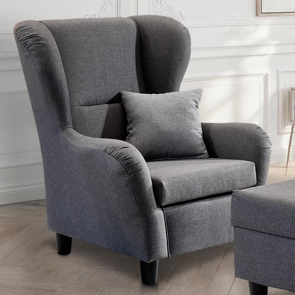 OHRENSESSEL mit HOCKER, hoher Sitzkomfort durch Wellenunterfederung B90/H98/T76 cm, Strukturstoff Grau / 18001 - Schwarz/Grau, Holz/Textil (90/98/76cm) - luma-home