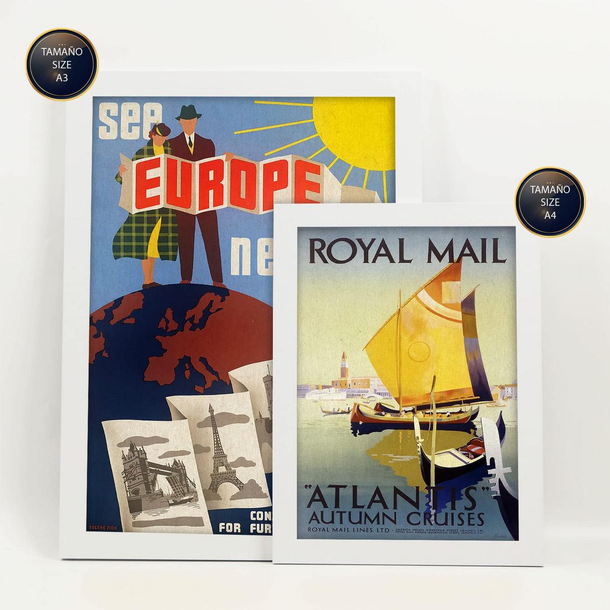 POSTER Set Mit 6 Europa Vollfarbige Illustrationen Von Vintage Tourismus Werbetafeln Aus Der Ganzen Welt Innenarchitektur A3 & A4 Weißer Rahmen - Weiß, Papier (29/3cm) - Nacnic